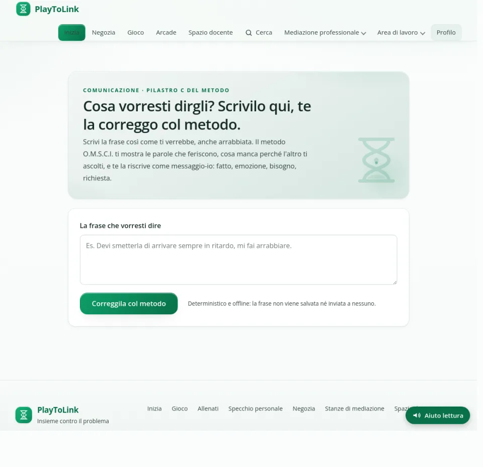 La pagina Prova la tua frase con il campo di testo e il pulsante Correggila col metodo.
