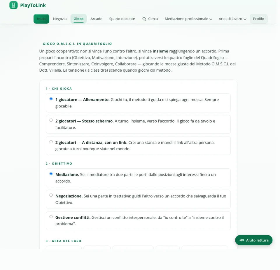 La schermata di preparazione del gioco: chi gioca, obiettivo, area del caso.