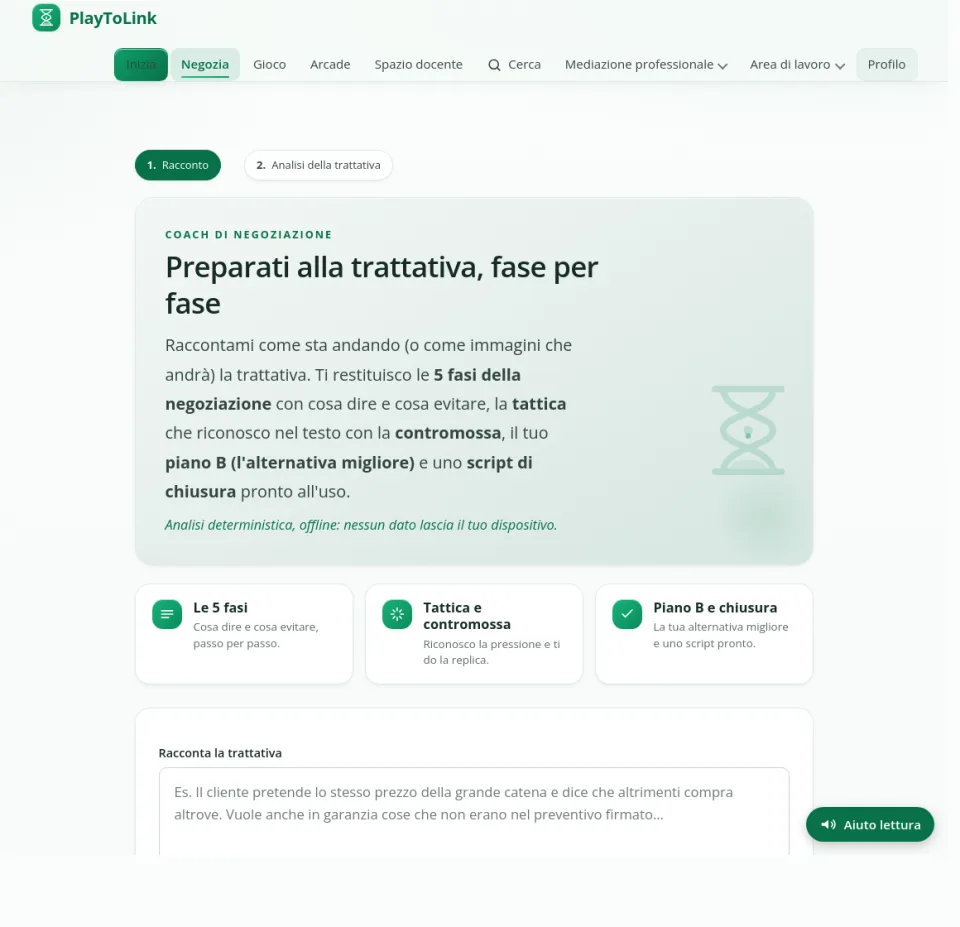 La pagina Negozia con il campo per descrivere la trattativa.